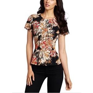 Trina Turk Femme Fatale Floral Print Peplum Top Blouse Lined Tan Black Size 0